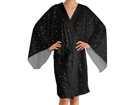 Midnight Stardust Satin Kimono Robe